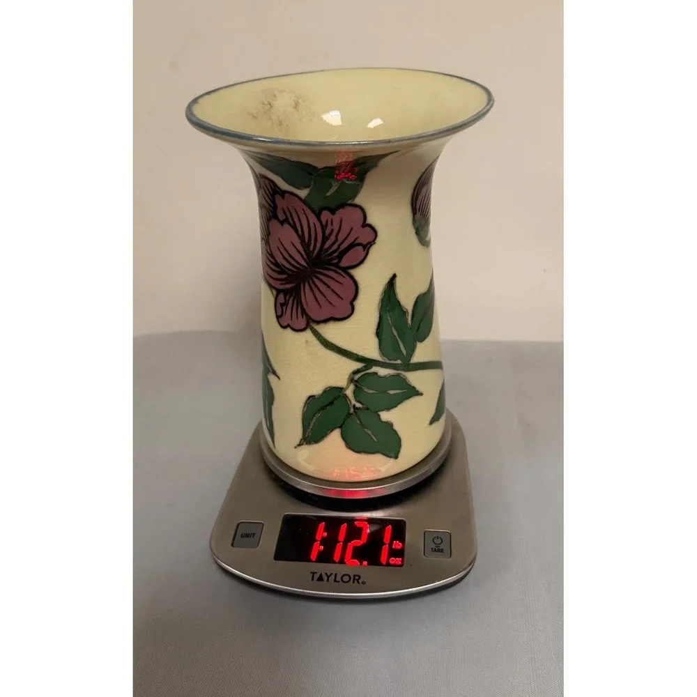 Vintage Hand-Painted Floral Vase Cream Pink Purple Glaze 7.5